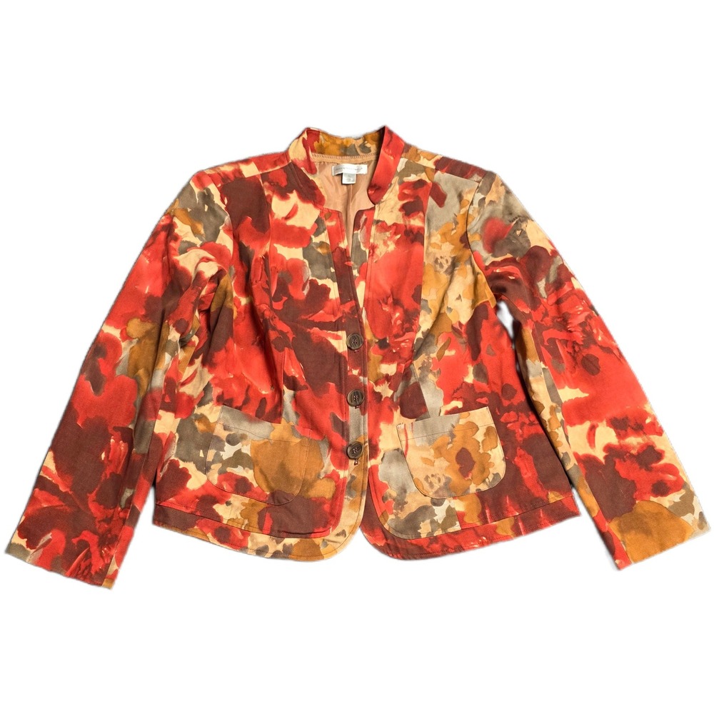 Christopher & Banks Floral Blazer Jacket Women's Size XL Red Orange Tan 3 Button